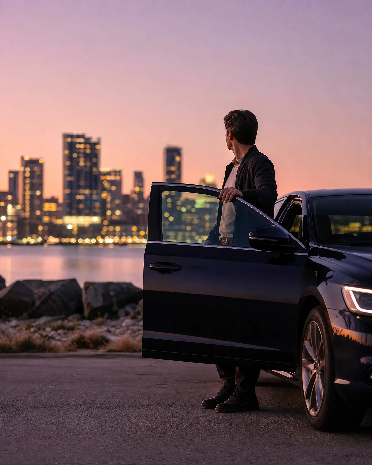 A man stands beside an open front door of a dark sedan on a paved area near a rocky shoreline, with a lit city skyline across the water at dusk.
