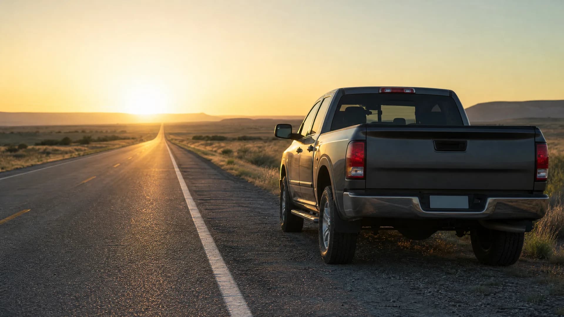 A dark pickup truck parked on the gravel shoulder of a two-lane road that runs toward the horizon, with the sun low in a clear sky over flat scrubland and distant low hills.